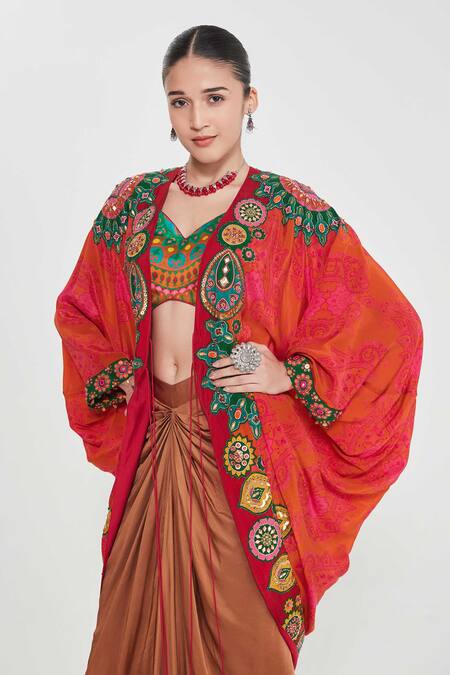 Shop_Siddhartha Bansal_Orange Linen, Satin, Crepe Sequins, Embroidery Shrug And Draped Skirt Set 