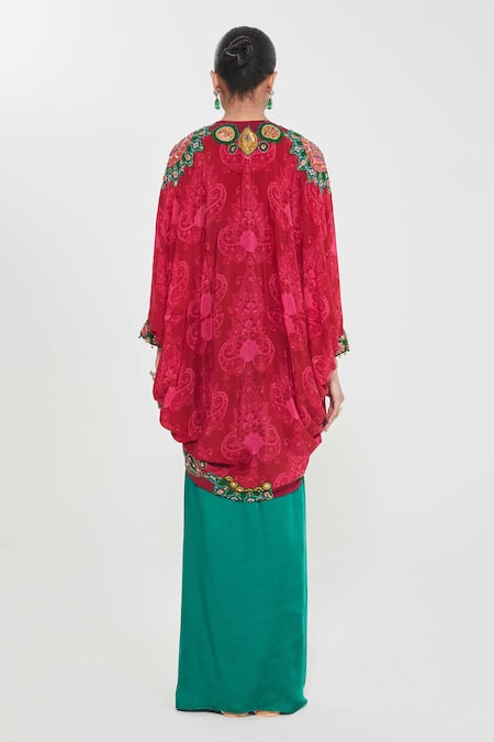 Shop_Siddhartha Bansal_Green Linen, Crepe, Satin Sequins, Ruby Embroidered Shrug And Draped Skirt Set _at_Aza_Fashions