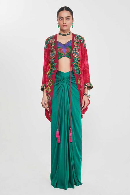 Siddhartha Bansal_Green Linen, Crepe, Satin Sequins, Ruby Embroidered Shrug And Draped Skirt Set _Online_at_Aza_Fashions