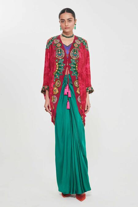 Buy_Siddhartha Bansal_Green Linen, Crepe, Satin Sequins, Ruby Embroidered Shrug And Draped Skirt Set _Online_at_Aza_Fashions