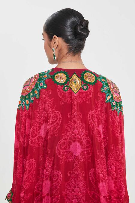 Shop_Siddhartha Bansal_Green Linen, Crepe, Satin Sequins, Ruby Embroidered Shrug And Draped Skirt Set _Online_at_Aza_Fashions