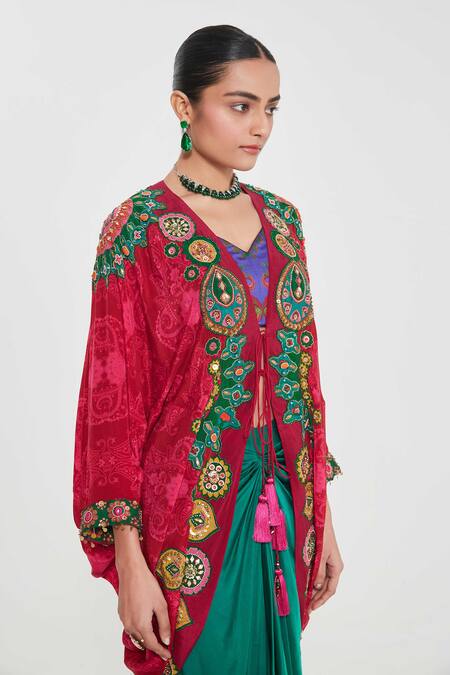 Siddhartha Bansal_Green Linen, Crepe, Satin Sequins, Ruby Embroidered Shrug And Draped Skirt Set _at_Aza_Fashions