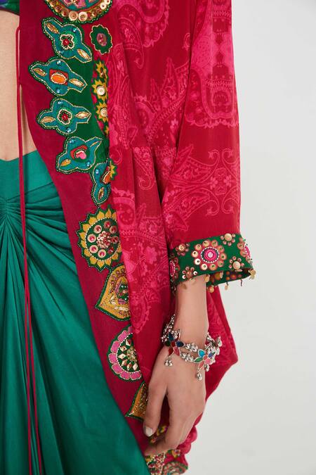 Buy_Siddhartha Bansal_Green Linen, Crepe, Satin Sequins, Ruby Embroidered Shrug And Draped Skirt Set 