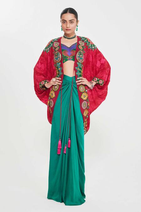 Shop_Siddhartha Bansal_Green Linen, Crepe, Satin Sequins, Ruby Embroidered Shrug And Draped Skirt Set 