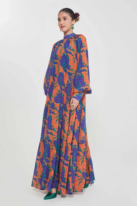 Siddhartha Bansal_Multi Color Crepe High Neck Long Tiered Dress _Online_at_Aza_Fashions