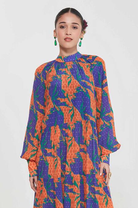 Buy_Siddhartha Bansal_Multi Color Crepe High Neck Long Tiered Dress _Online_at_Aza_Fashions