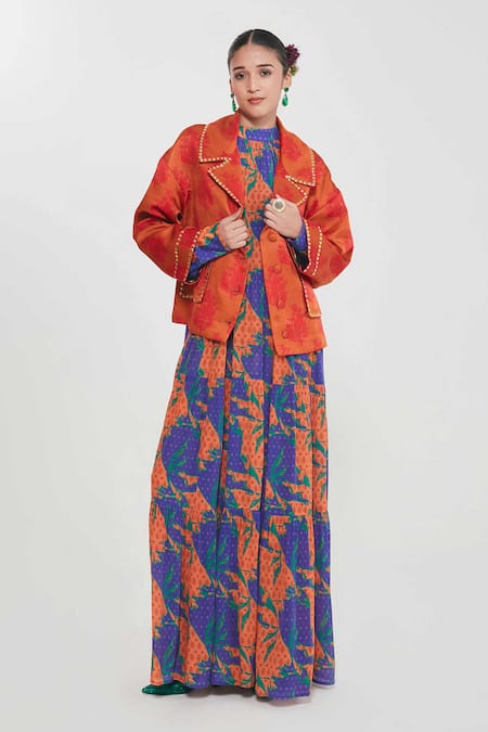 Siddhartha Bansal Orange Linen Satin Lapel Collar Jacket 