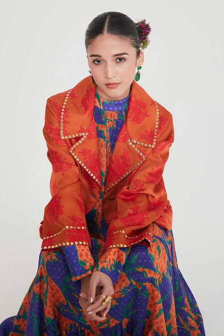 Siddhartha Bansal_Orange Linen Embroidery Collared Satin Lapel Jacket _Online_at_Aza_Fashions