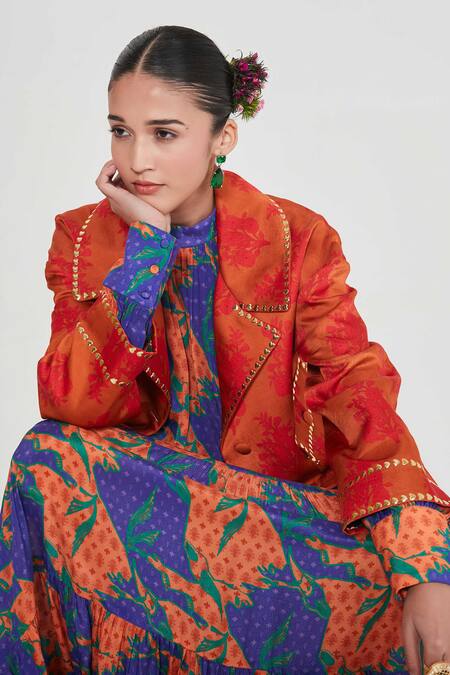 Buy_Siddhartha Bansal_Orange Linen Embroidery Collared Satin Lapel Jacket _Online_at_Aza_Fashions