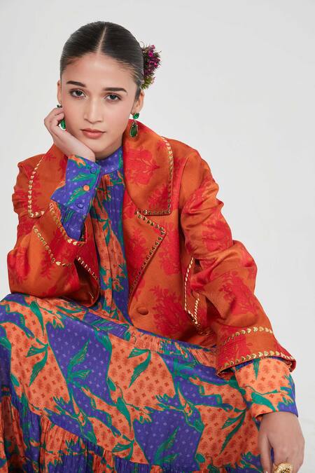 Shop_Siddhartha Bansal_Orange Linen Embroidery Collared Satin Lapel Jacket _Online_at_Aza_Fashions