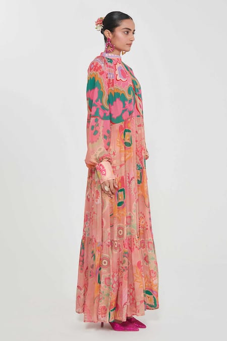 Siddhartha Bansal_Pink Crepe High Neck Tiered Dress _Online_at_Aza_Fashions