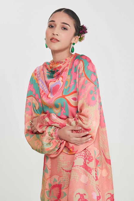 Buy_Siddhartha Bansal_Pink Crepe High Neck Tiered Dress _Online_at_Aza_Fashions