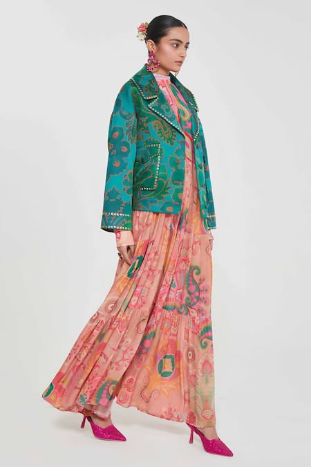 Siddhartha Bansal_Green Linen, Satin Embroidery Collared Abstract Printed Jacket _Online_at_Aza_Fashions