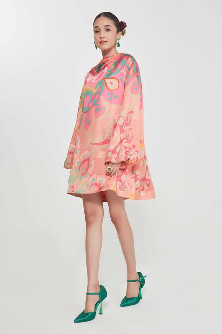 Siddhartha Bansal_Pink Satin Round Neck Engineered Print Short Dress _Online_at_Aza_Fashions