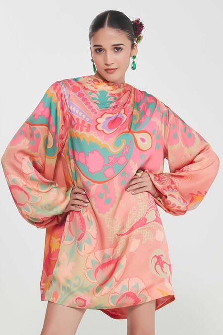 Buy_Siddhartha Bansal_Pink Satin Round Neck Engineered Print Short Dress _Online_at_Aza_Fashions