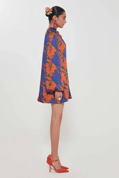 Siddhartha Bansal_Blue Satin Round Neck Tesselation Pattern Dress _Online_at_Aza_Fashions