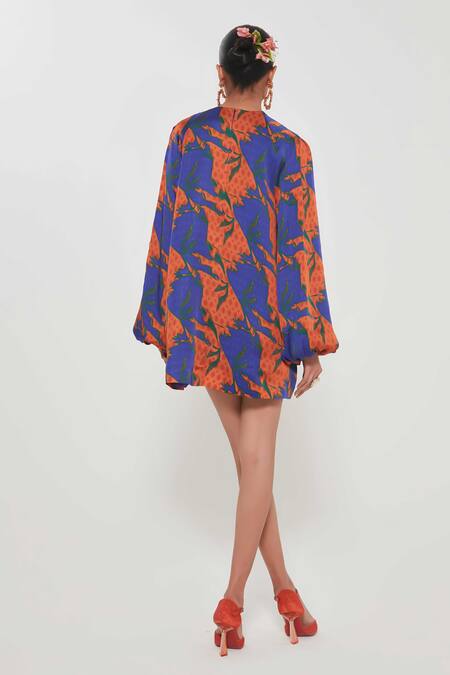 Buy_Siddhartha Bansal_Blue Satin Round Neck Tesselation Pattern Dress _Online_at_Aza_Fashions