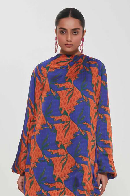 Shop_Siddhartha Bansal_Blue Satin Round Neck Tesselation Pattern Dress _Online_at_Aza_Fashions