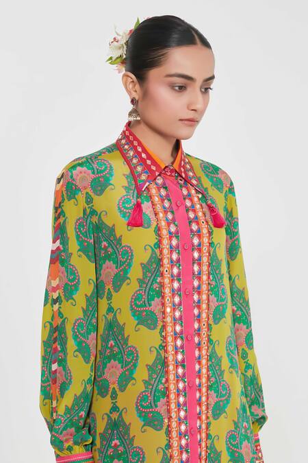Siddhartha Bansal_Multi Color Crepe Embroidery Collared Multicolored Paisley Tunic And Palazzo Set _Online_at_Aza_Fashions