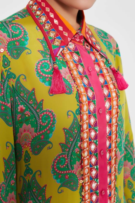 Buy_Siddhartha Bansal_Multi Color Crepe Embroidery Collared Multicolored Paisley Tunic And Palazzo Set _Online_at_Aza_Fashions