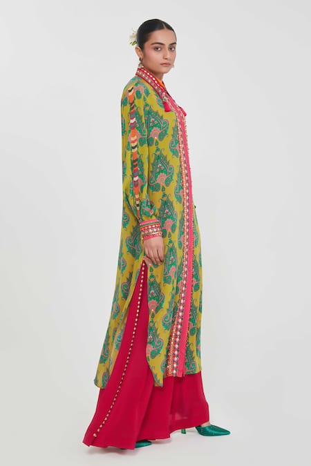 Shop_Siddhartha Bansal_Multi Color Crepe Embroidery Collared Multicolored Paisley Tunic And Palazzo Set _Online_at_Aza_Fashions