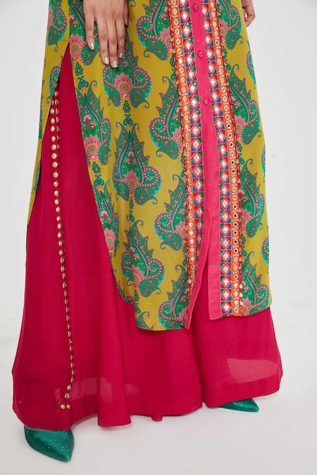 Siddhartha Bansal_Multi Color Crepe Embroidery Collared Multicolored Paisley Tunic And Palazzo Set _at_Aza_Fashions