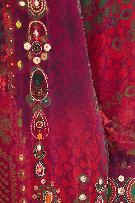 Siddhartha Bansal_Multi Color Crepe Sequins, Embroidery Collared Paisley Print Tunic And Palazzo Set _Online_at_Aza_Fashions