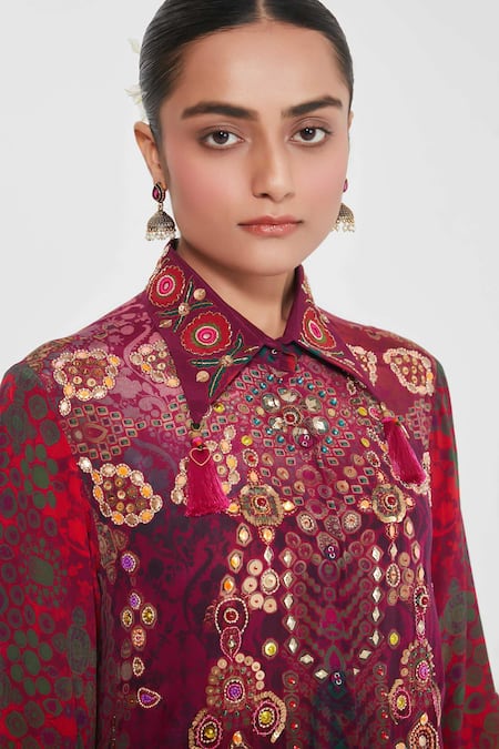 Buy_Siddhartha Bansal_Multi Color Crepe Sequins, Embroidery Collared Paisley Print Tunic And Palazzo Set _Online_at_Aza_Fashions