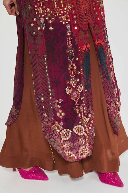 Shop_Siddhartha Bansal_Multi Color Crepe Sequins, Embroidery Collared Paisley Print Tunic And Palazzo Set _Online_at_Aza_Fashions