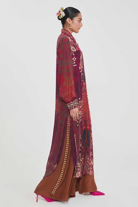 Siddhartha Bansal_Multi Color Crepe Sequins, Embroidery Collared Paisley Print Tunic And Palazzo Set _at_Aza_Fashions