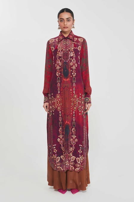 Buy_Siddhartha Bansal_Multi Color Crepe Sequins, Embroidery Collared Paisley Print Tunic And Palazzo Set 