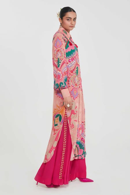 Siddhartha Bansal_Pink Crepe Sequins Collared Paisley Printed Tunic And Palazzo Set _Online_at_Aza_Fashions