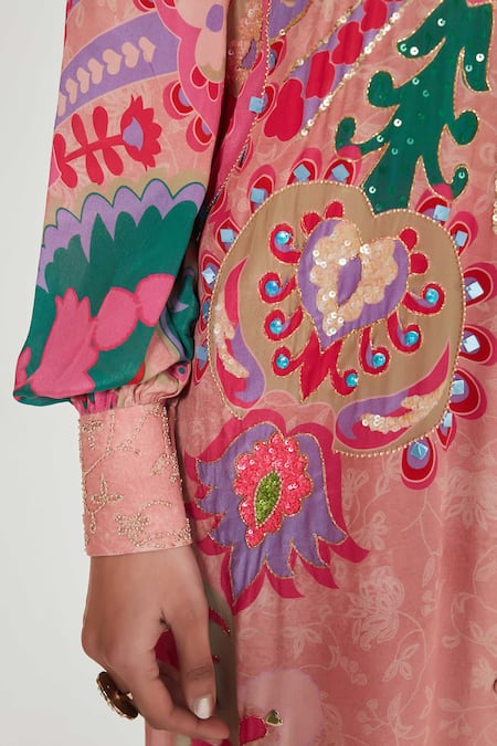 Buy_Siddhartha Bansal_Pink Crepe Sequins Collared Paisley Printed Tunic And Palazzo Set _Online_at_Aza_Fashions