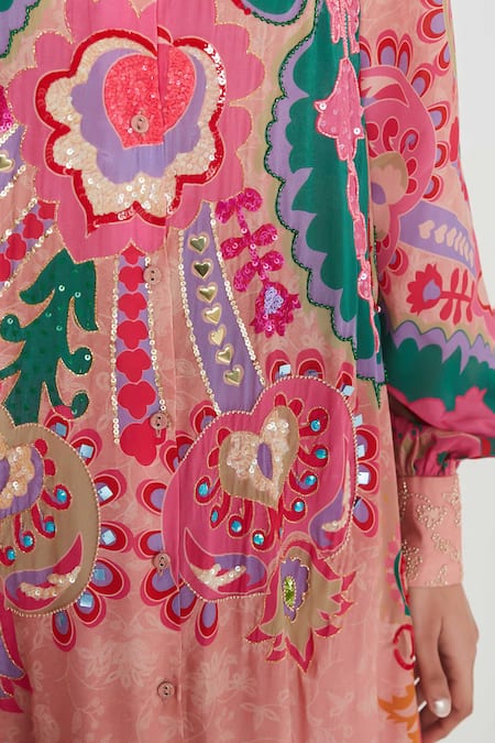 Shop_Siddhartha Bansal_Pink Crepe Sequins Collared Paisley Printed Tunic And Palazzo Set _Online_at_Aza_Fashions