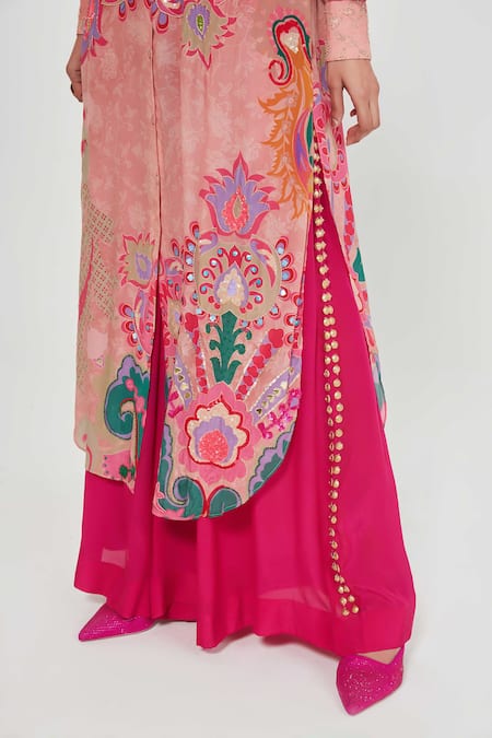 Siddhartha Bansal_Pink Crepe Sequins Collared Paisley Printed Tunic And Palazzo Set _at_Aza_Fashions