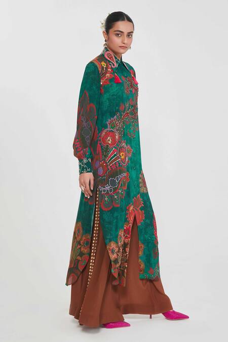 Siddhartha Bansal_Green Crepe Tassels, Embroidery Collared Paisley Print Tunic And Palazzo Set _Online_at_Aza_Fashions