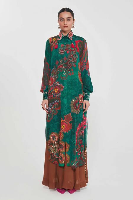Buy_Siddhartha Bansal_Green Crepe Tassels, Embroidery Collared Paisley Print Tunic And Palazzo Set _Online_at_Aza_Fashions
