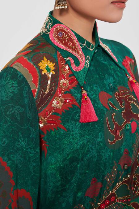 Shop_Siddhartha Bansal_Green Crepe Tassels, Embroidery Collared Paisley Print Tunic And Palazzo Set _Online_at_Aza_Fashions