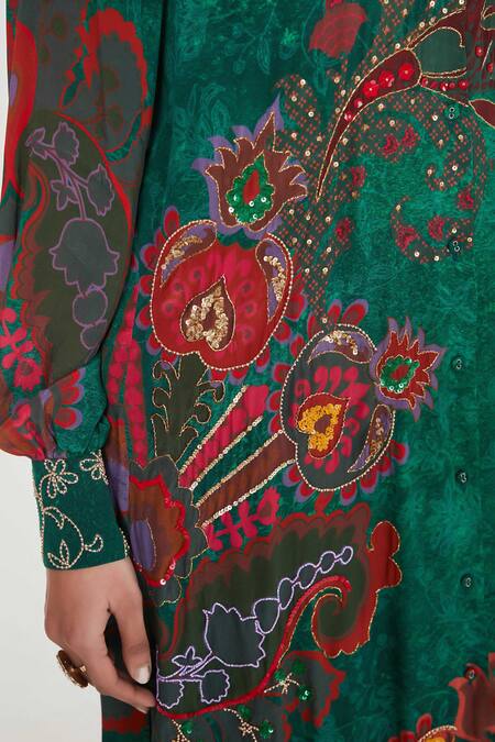 Siddhartha Bansal_Green Crepe Tassels, Embroidery Collared Paisley Print Tunic And Palazzo Set _at_Aza_Fashions