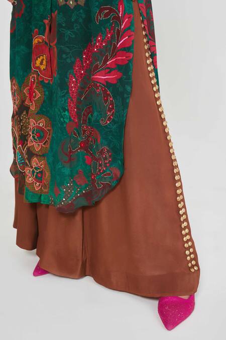 Buy_Siddhartha Bansal_Green Crepe Tassels, Embroidery Collared Paisley Print Tunic And Palazzo Set 