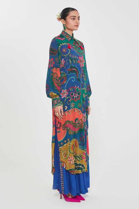Siddhartha Bansal_Multi Color Crepe Tassels Collared Paisley Print Tunic And Palazzo Set _Online_at_Aza_Fashions