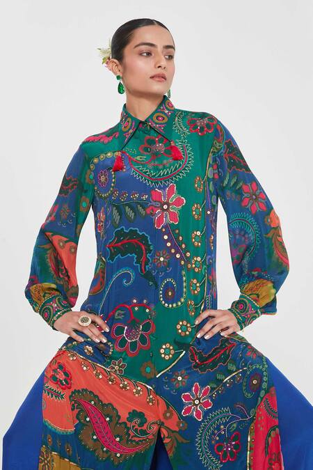 Buy_Siddhartha Bansal_Multi Color Crepe Tassels Collared Paisley Print Tunic And Palazzo Set _Online_at_Aza_Fashions