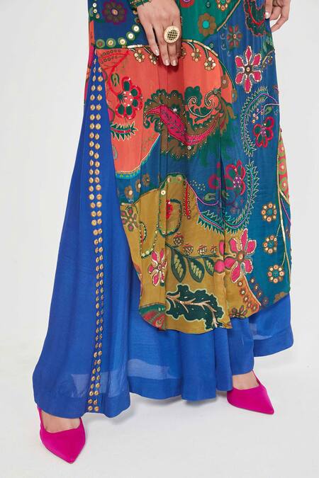 Shop_Siddhartha Bansal_Multi Color Crepe Tassels Collared Paisley Print Tunic And Palazzo Set _Online_at_Aza_Fashions