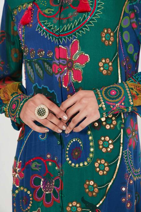 Buy_Siddhartha Bansal_Multi Color Crepe Tassels Collared Paisley Print Tunic And Palazzo Set 