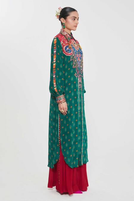 Siddhartha Bansal_Multi Color Crepe Sequins Collared Paisley Printed Tunic And Palazzo Set _Online_at_Aza_Fashions