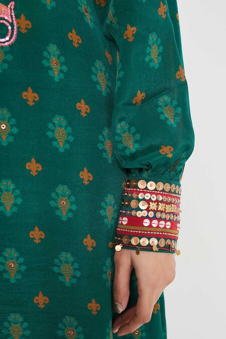 Buy_Siddhartha Bansal_Multi Color Crepe Sequins Collared Paisley Printed Tunic And Palazzo Set _Online_at_Aza_Fashions