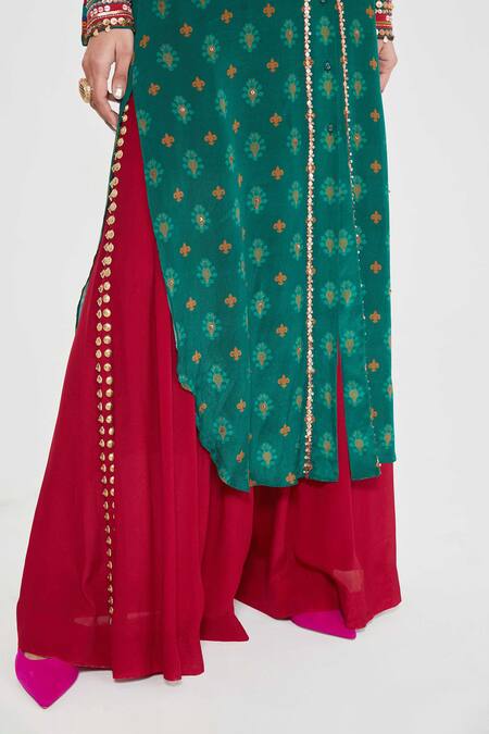 Shop_Siddhartha Bansal_Multi Color Crepe Sequins Collared Paisley Printed Tunic And Palazzo Set _Online_at_Aza_Fashions