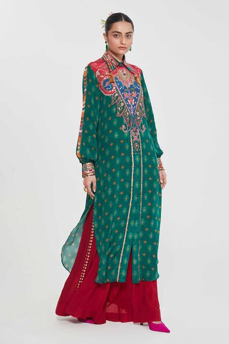 Buy_Siddhartha Bansal_Multi Color Crepe Sequins Collared Paisley Printed Tunic And Palazzo Set 