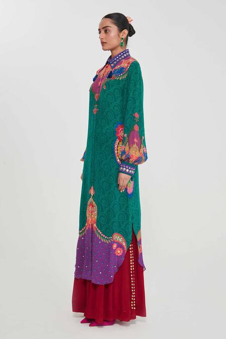 Siddhartha Bansal_Multi Color Crepe Tassels Collared Paisley Printed Tunic And Palazzo Set _Online_at_Aza_Fashions