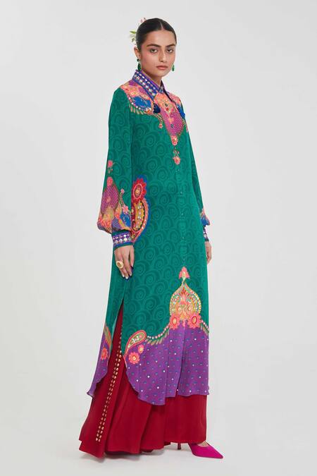 Buy_Siddhartha Bansal_Multi Color Crepe Tassels Collared Paisley Printed Tunic And Palazzo Set _Online_at_Aza_Fashions